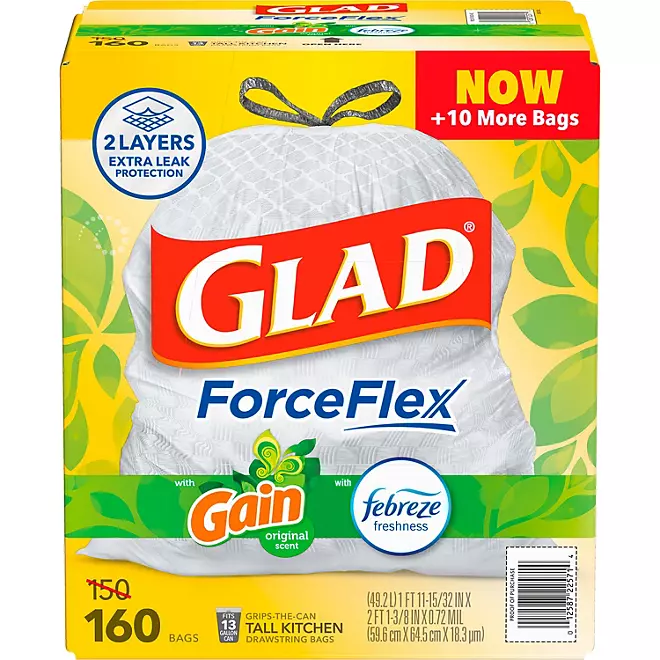 Bolsas de Basura De Cocina Altas Glad ForceFlex, Febreze 160 Unidades